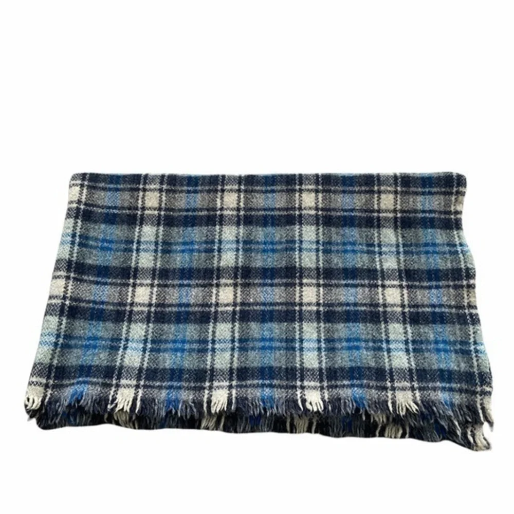 Ballantyne‎ Pure Wool Blue Plaid Checkered Fringe Vintage Throw Blanket